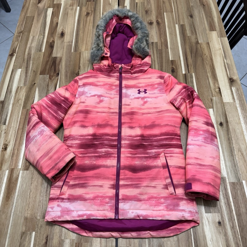 Under Armour Jacket Girls M Pink Laila Ski Faux Fur Hood Fleece Lined Full Zip